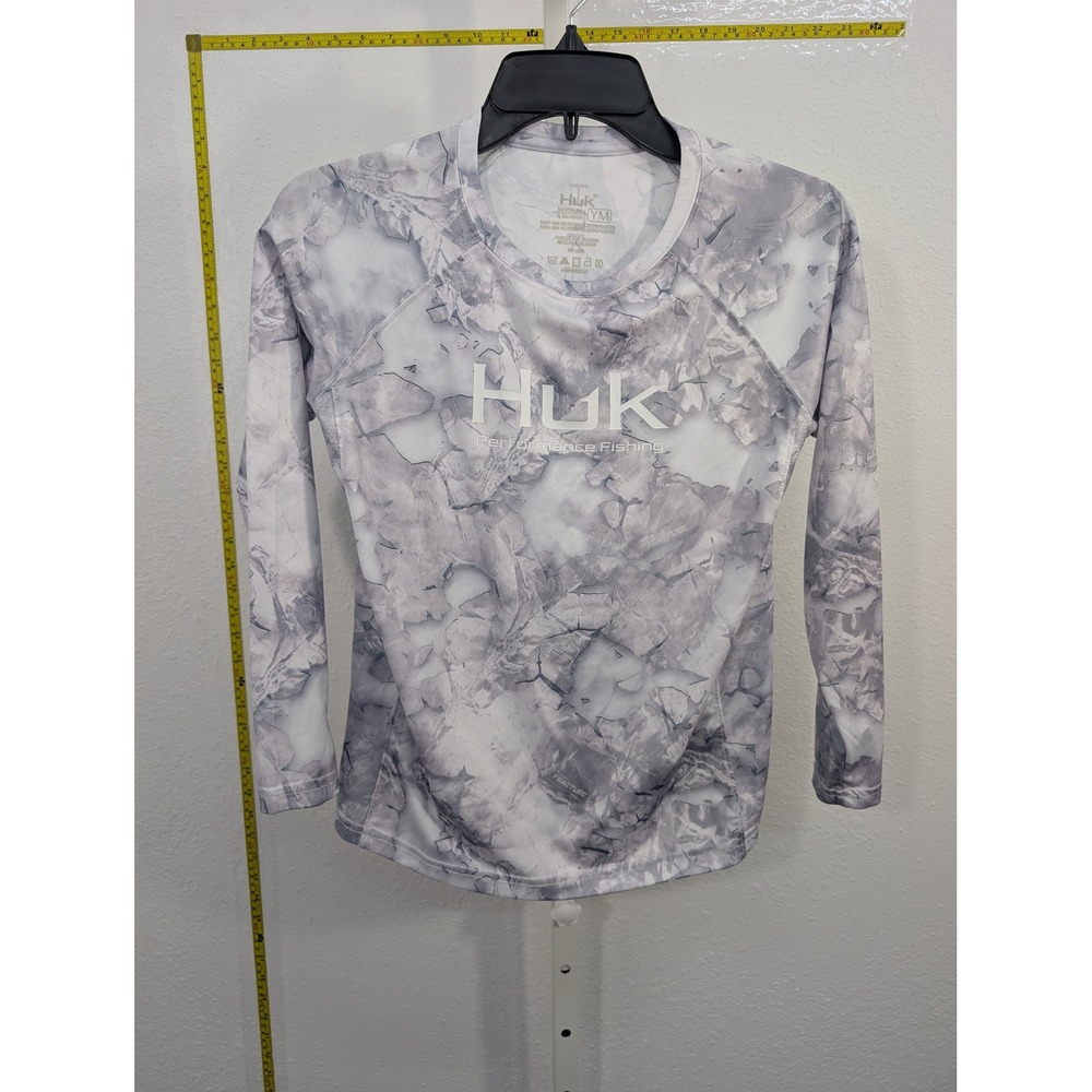Huk Youth Medium Grey Mossy Oak Fracture Camo Long Sleeve Fishing Shirt YM